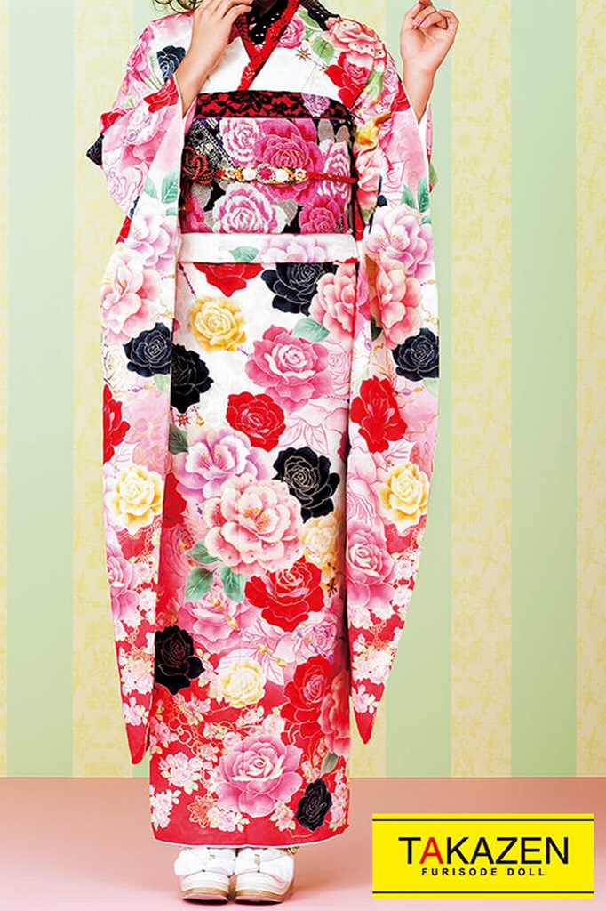 格安可愛い系　白/ピンク/黒　バラ柄　量産型　派手かわいい　ガーリー　地雷系　あざとい振袖ネットレンタル　#F0112