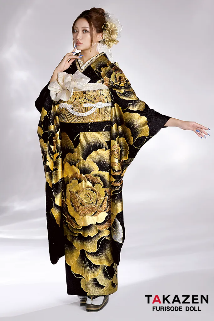 ゴージャス　黒/金/ゴールド　薔薇柄/大柄　派手　ギャル振袖　クール系　モード　キラキラ　目立つ　グラマラス　中村りおん　32104