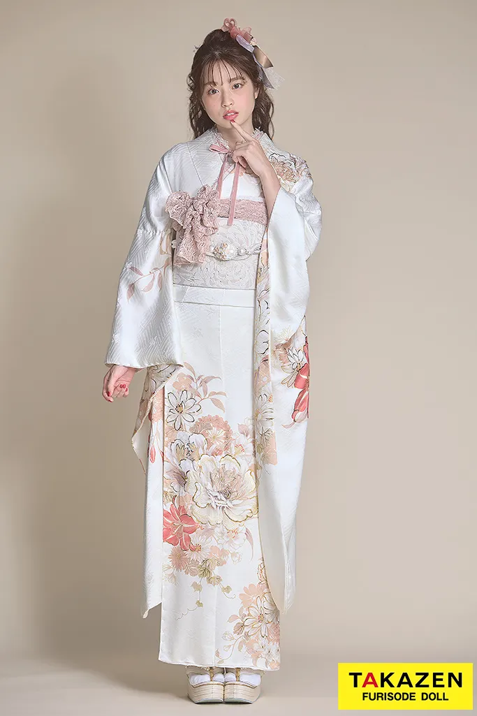 くすみカラーガーリー　白/サーモンピンク/　百合柄　かわいい　すっきり　シンプル　フェミニンな振袖　リボン小物コーデ　葛西杏也菜　26060