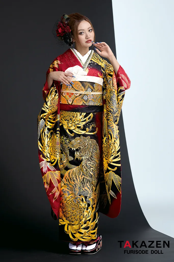 ジャパンモード　赤/黒/金(ゴールド)　本物虎柄　いかつい　ド派手振袖　スワロフスキー付き　ギラギラ　スワロフスキー　かっこいい　中村りおん　22043