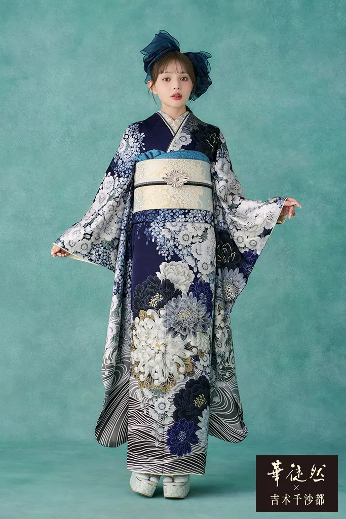 華徒然×吉木千沙都振袖ネットレンタル　青　牡丹柄/菊柄/大柄　おしゃれ　きれいめコーデ　清楚系　K1269