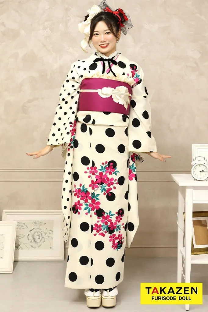 シンプル　レトロモダン　白/ピンク　ドット柄　人気　個性的振袖ネットレンタル　ポップ　　32013