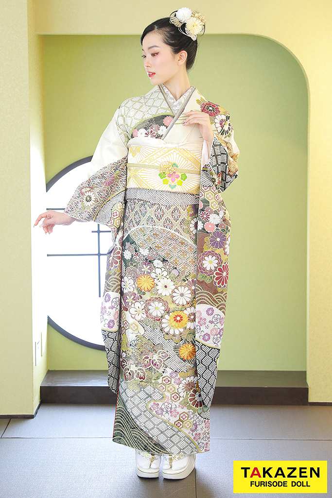 最高級古典　くすみカラー/グリーン(緑色)/ゴールド(金色)　桂由美プレミアム振袖ネットレンタル　艶生地　華やか　キラキラ　K263