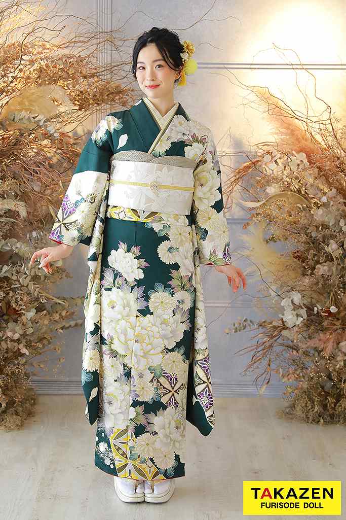正統派古典　グリーン/白　牡丹柄/和柄　豪華振袖ネットレンタル　伝統的な　大人っぽい　24053