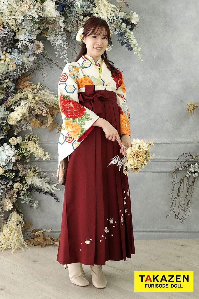 綺麗目古典　白/オレンジ/赤　花柄　定番　上品袴ネットレンタル　可愛い　K30030