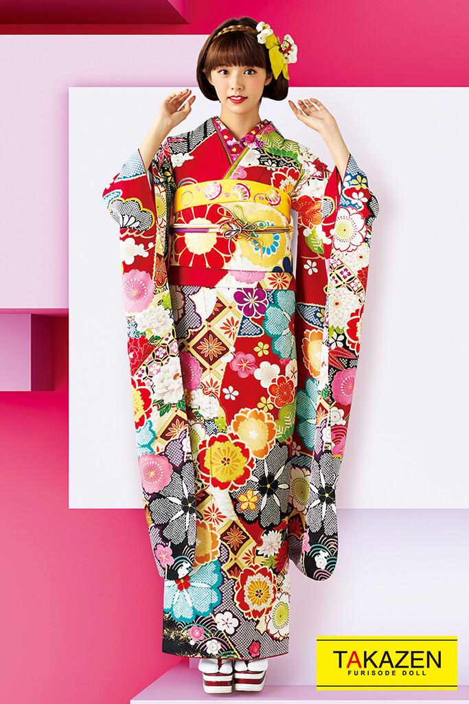 正統派古典　赤/黒/黄/水色　牡丹柄/かわいらしい柄　カラフル　ポップ　かわいい　今どき　モダン　　32097