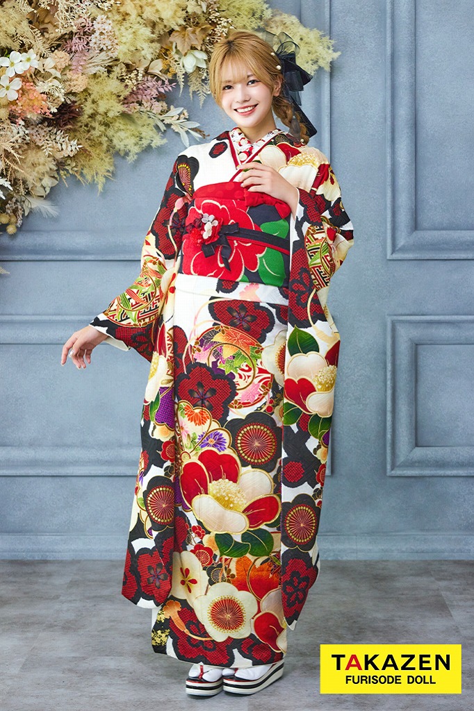 格安レトロ古典　白地/赤　椿柄　ポップ　かわいい　お洒落　目立つ　人気　個性的振袖ネットレンタル　22027