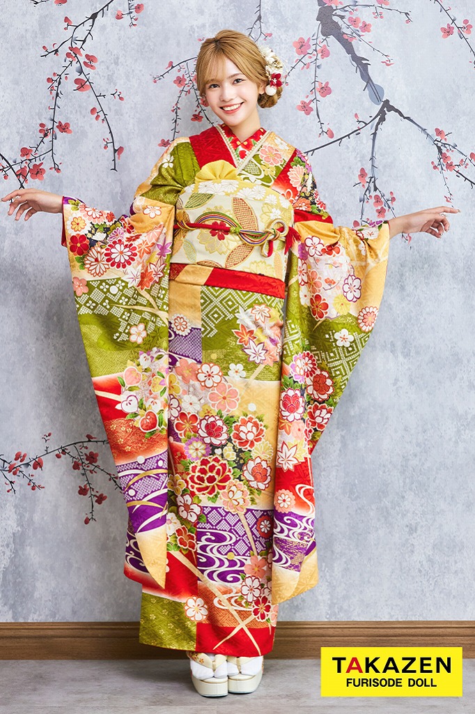 格安正統派古典　緑/赤　受賞柄　牡丹柄　はんなり　上品　おしとやか　清楚　豪華な振袖ネットレンタル　32049