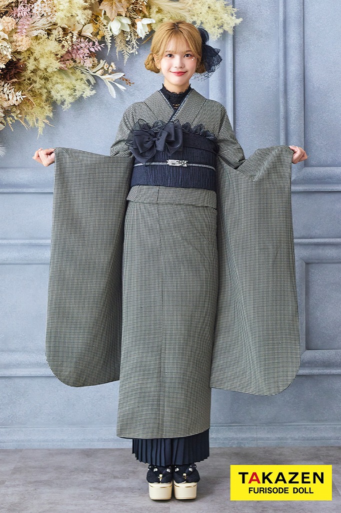 安い！アンティーク調レトロ　グレー/モノトーン　チェック柄/千鳥柄　お洒落　プリーツスカート　人と被らない　ブーツスタイル振袖ネットレンタル　21039