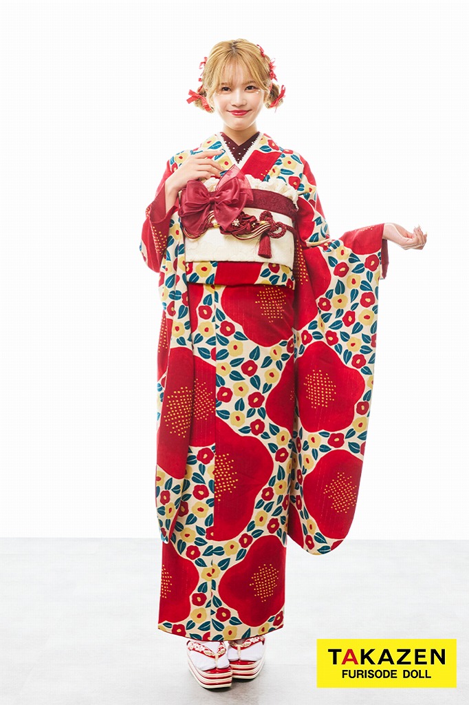 激安レトロポップ　赤　椿柄/総柄　派手可愛い　目立つ　お洒落　今どき　統一感のある着こなし振袖ネットレンタル　32001