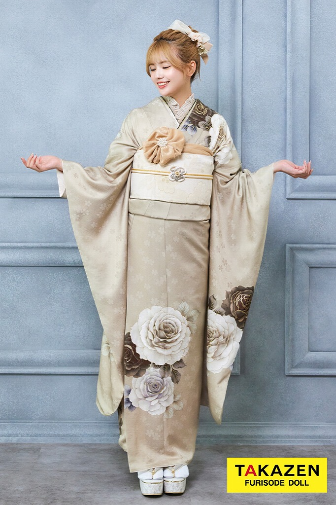 格安くすみカラーガーリー　ベージュ　バラ柄　シンプル　すっきり　ワンポイント　おしゃれ振袖ネットレンタル　23005