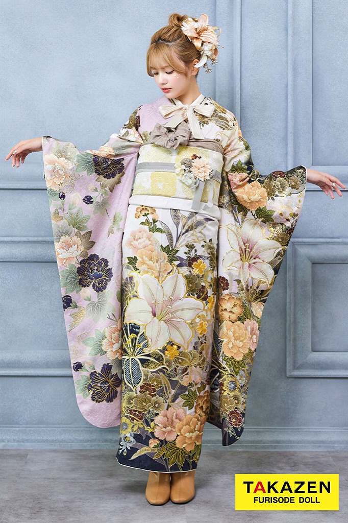 格安くすみカラー古典　ダスティーピンク　ユリ柄　大柄　ブーツスタイル　お洒落　ワントーンコーデ振袖ネットレンタル　23032