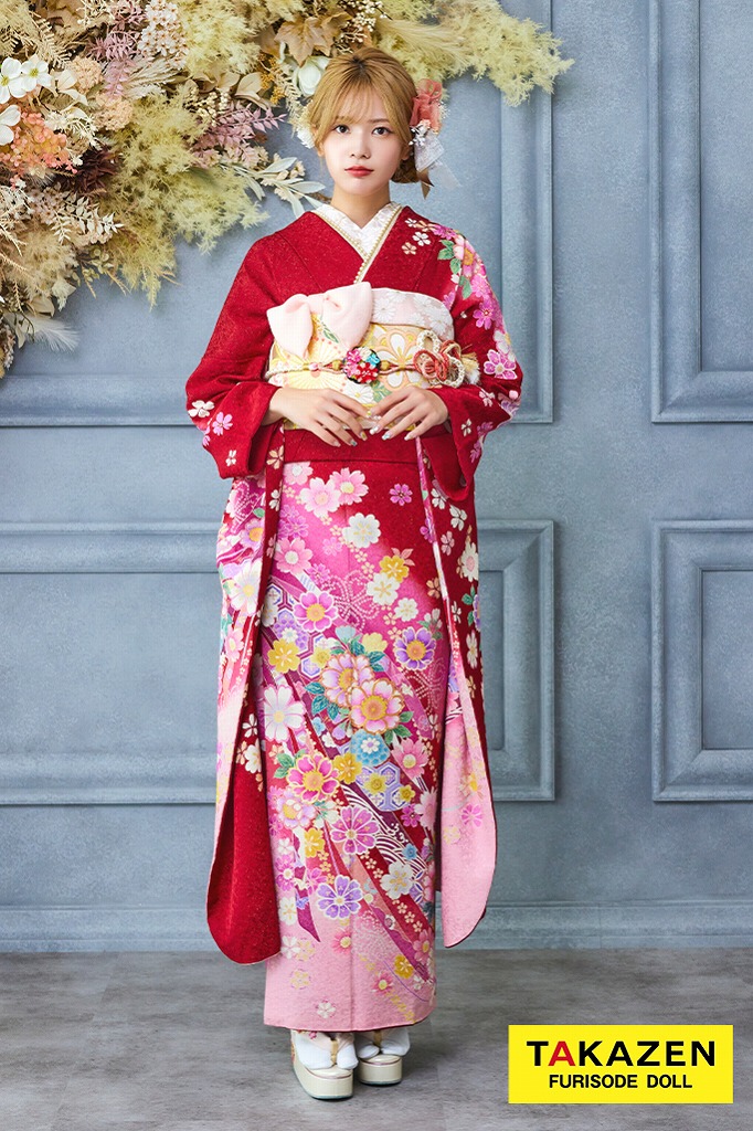 安い！王道正統派古典　赤/ピンク　桜柄　柄小さめ　上品　王道　かわいらしい振袖ネットレンタル　32169