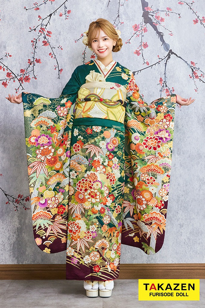 安い！正統派古典　緑　吉祥文様/松竹梅　清楚　王道　上品　柄多め振袖ネットレンタル　豪華　30086