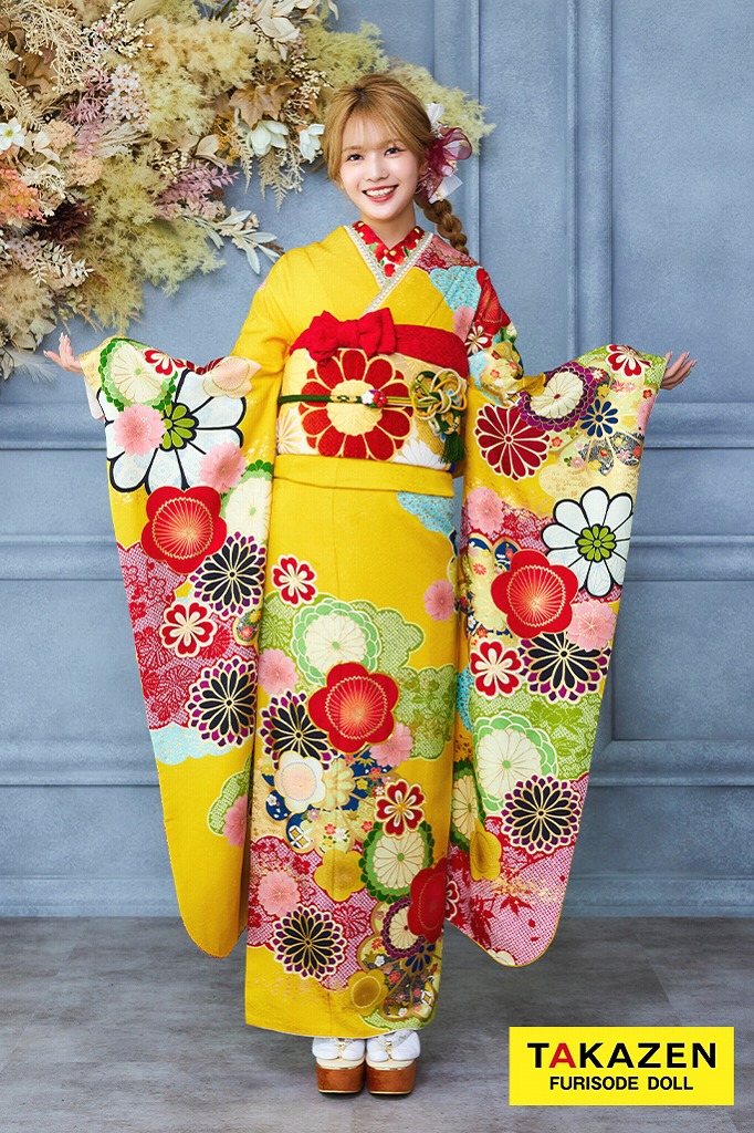 格安レトロポップ古典　黄色　梅柄　モダン　ビタミンカラー　明るい　かわいい　目立つ振袖ネットレンタル　32094
