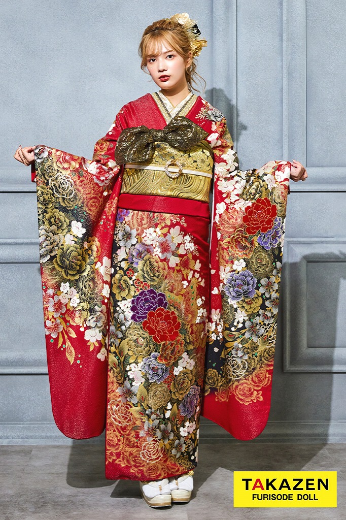 激安モード系　赤　牡丹柄　桂由美デザイン振袖　かっこいい　セクシー　派手　目立つ振袖ネットレンタル　32124