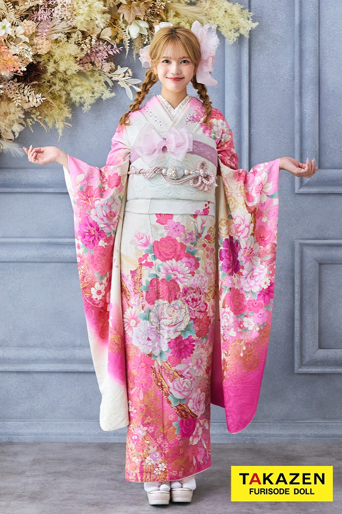 安い！キュート＆ガーリー　白ピンク　牡丹柄　桂由美デザイン振袖　かわいい　リボンコーデ　量産型振袖ネットレンタル　32153