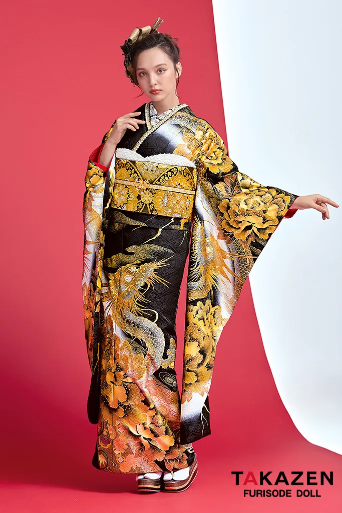 ジャパンモード　黒/金(ゴールド)　本家龍柄　いかつい　派手　渋い　花魁風振袖(進撃のノア様着用)　キラキラスワロフスキー付き振袖ネットレンタル　香川るな　32134