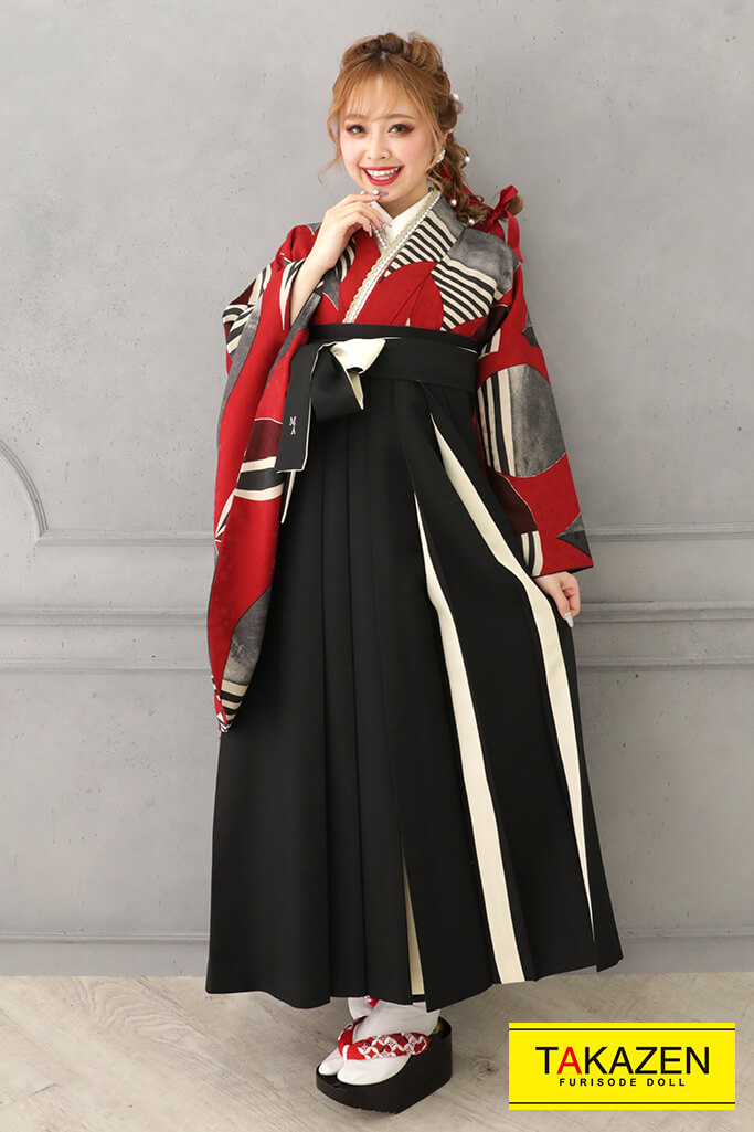 アンティークレトロ　赤/黒　幾何学模様　個性的　おしゃれな着こなし　モダン袴ネットレンタル　R32012