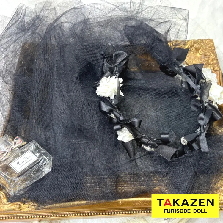 ベール付きカチューシャ　黒　洋風　おしゃれ　ヘッドドレス　チュール　地雷系　リボン　お花　order55