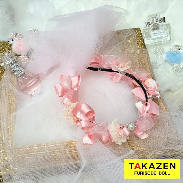 ガーリーヘッドドレス　ベール付きカチューシャ　ピンク　洋風　おしゃれ　　チュール　フェミニン　リボン　お花　order57