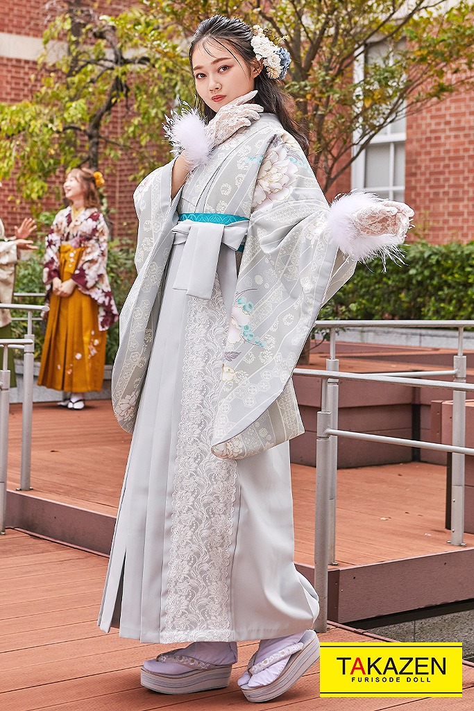 くすみカラーガーリー　グレー　ダスティーカラー　洋風柄　おしゃれ　かわいい袴ネットレンタル　K23074