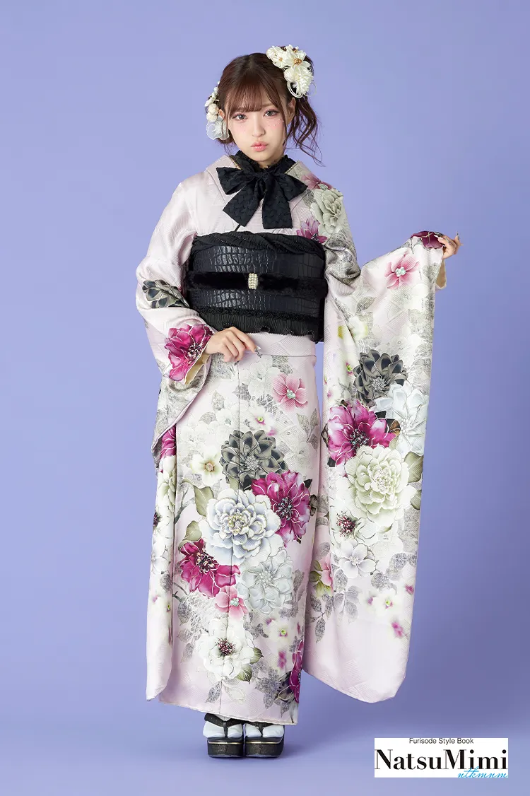 NatsuMimiブランド振袖ネットレンタル　くすみピンク　ボタン柄　キュート　地雷系　病みかわコーデ　K1277