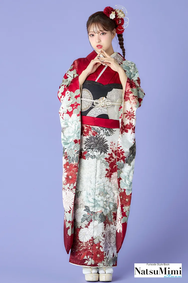 NatsuMimiブランド振袖ネットレンタル　赤　菊柄/牡丹柄　正統派古典　きれいめ　大人っぽい　今どきの着こなし　　K1278