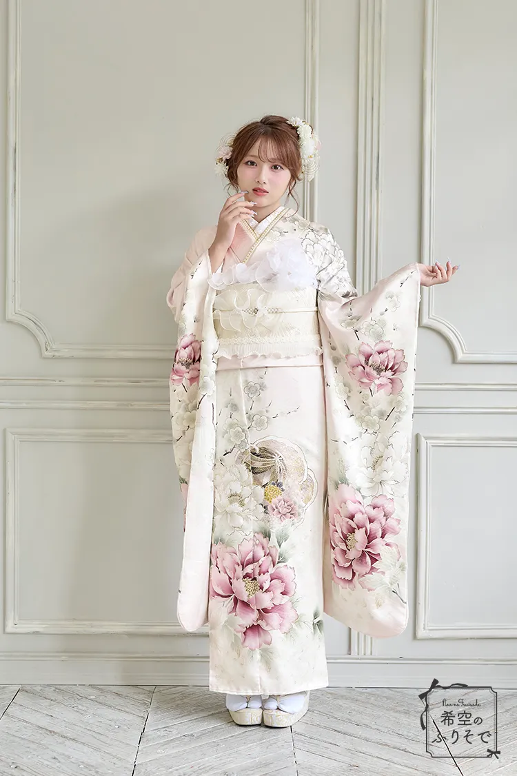 希空のふりそでネットレンタルネットレンタル　ピンク　牡丹柄　かわいい　キュート　ガーリーな着こなし　ゆるふわ　K1280