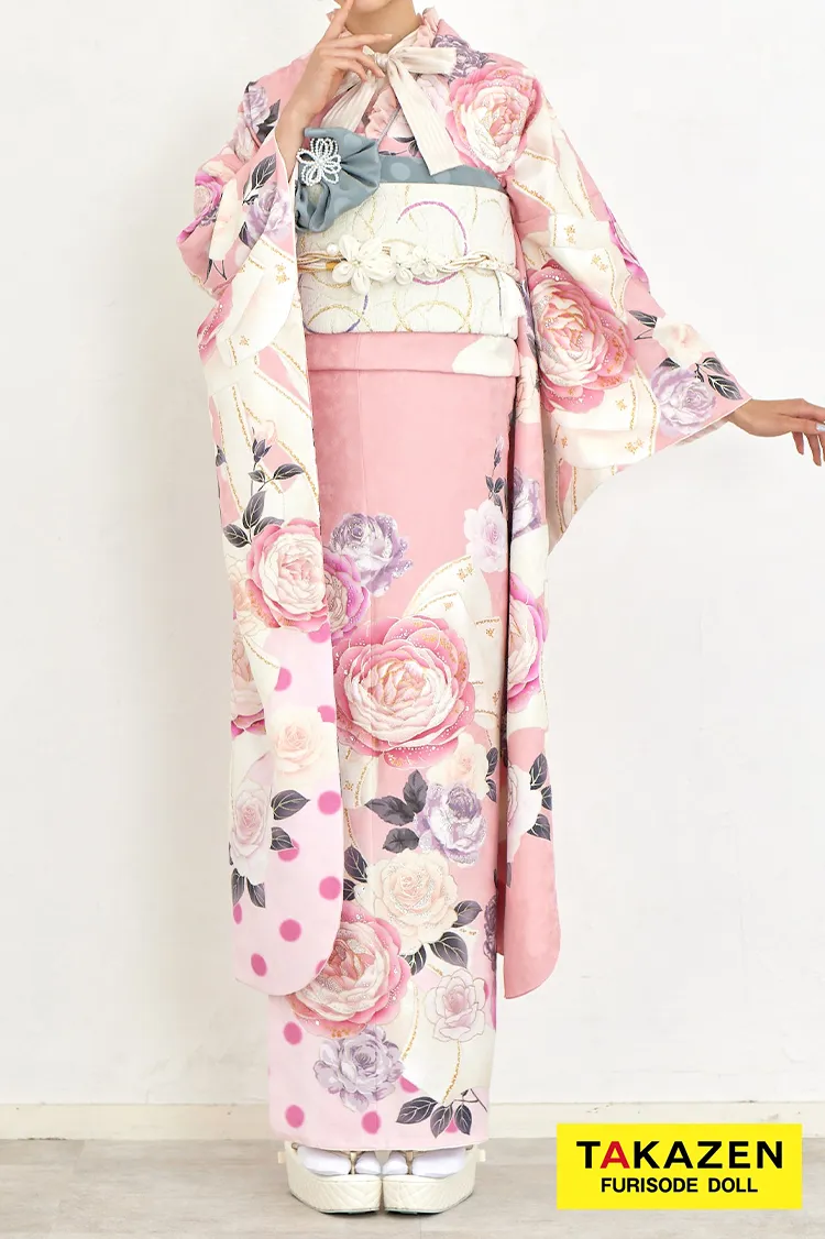 キュートガーリー　淡色ピンク　バラ柄　写真映え　ゆるふわ　可愛いデザイン　リズリサ好きにおすすめの振袖ネットレンタル　22053