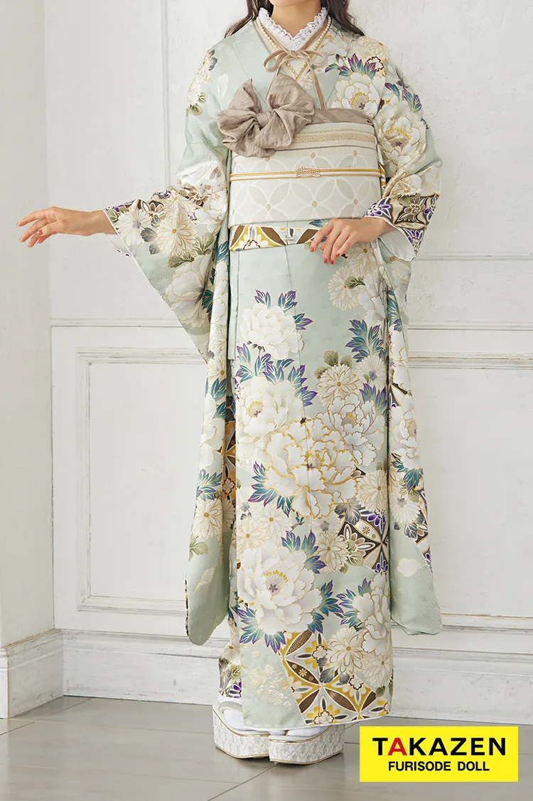 くすみカラー古典　ミントグリーン/淡色　牡丹柄　ダスティーカラー　大人っぽい　エレガント　透明感のある振袖　24026