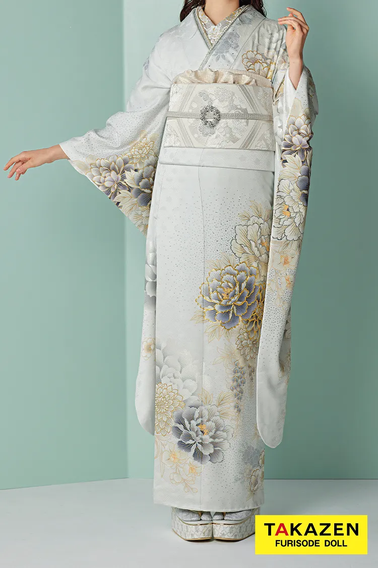 くすみカラーエレガント　ライトグレー/ニュアンスカラー　牡丹柄　綺麗　シンプル　假屋崎省吾デザイン振袖　24027