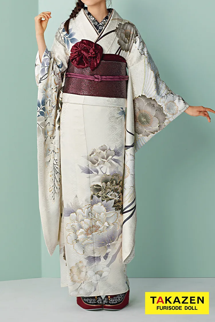 くすみカラーエレガント　アイボリー/オフカラー　牡丹柄/古典柄　大人っぽい　上品　シンプル振袖　すっきり柄　24030