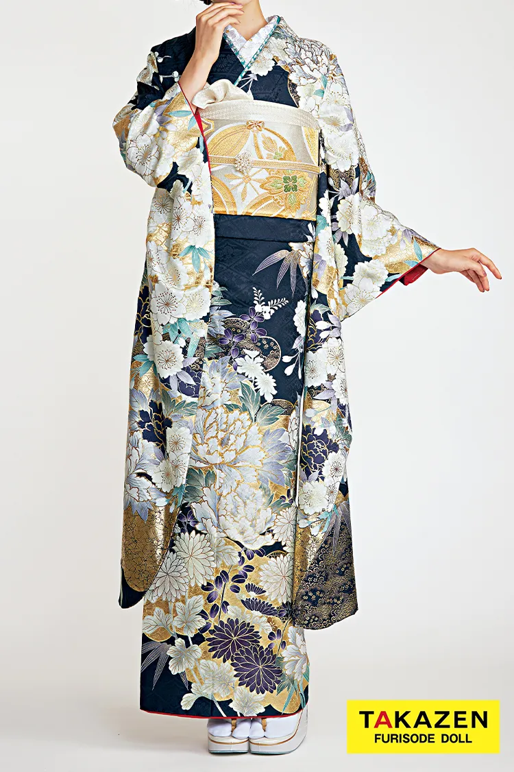 正統派古典　紺色(ネイビー)/金　牡丹柄　豪華　きれいめ　華やか　清楚　大人っぽい　24049