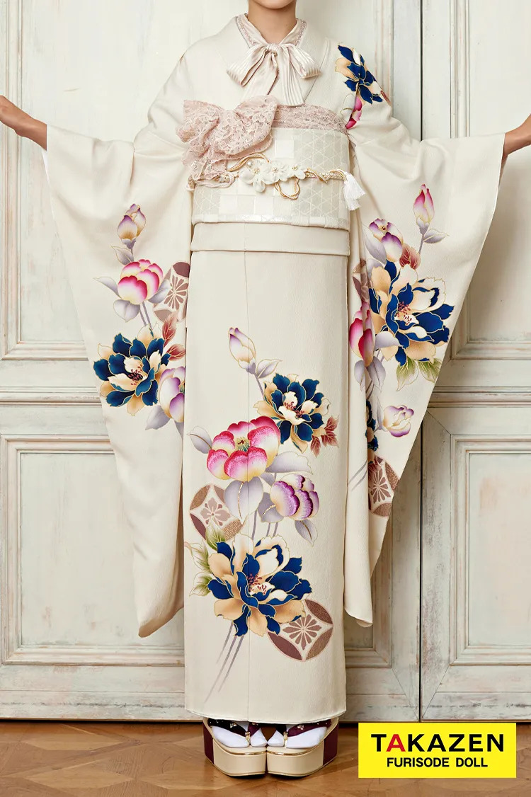 シンプルレトロ　オフカラー/ピンク/アイボリー　牡丹/椿柄　おしゃれな　かわいい着こなし　リボンアレンジ　24060