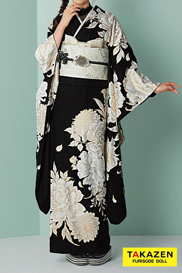 くすみカラーエレガント　黒/白/モノトーン　牡丹柄　大人っぽい　黒ベース　レース小物コーデ　25026