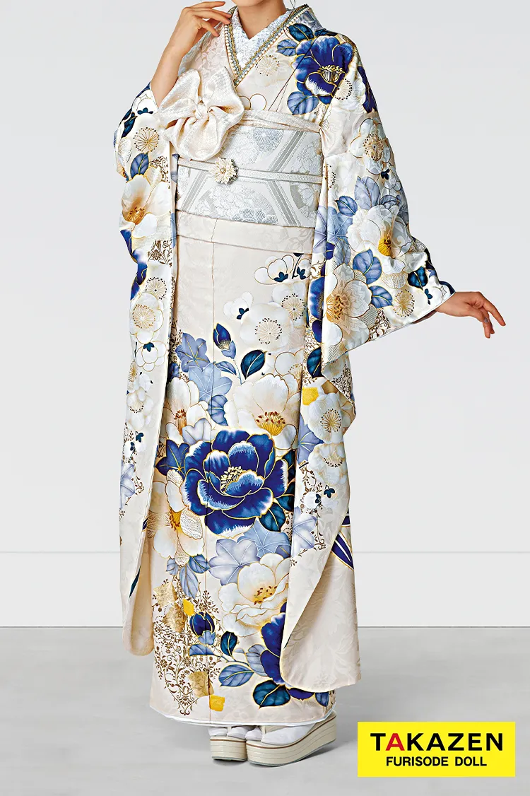 正統派古典　クリーム/青　椿柄　上品　寒色系　かわいい　統一感のある着こなし　25067