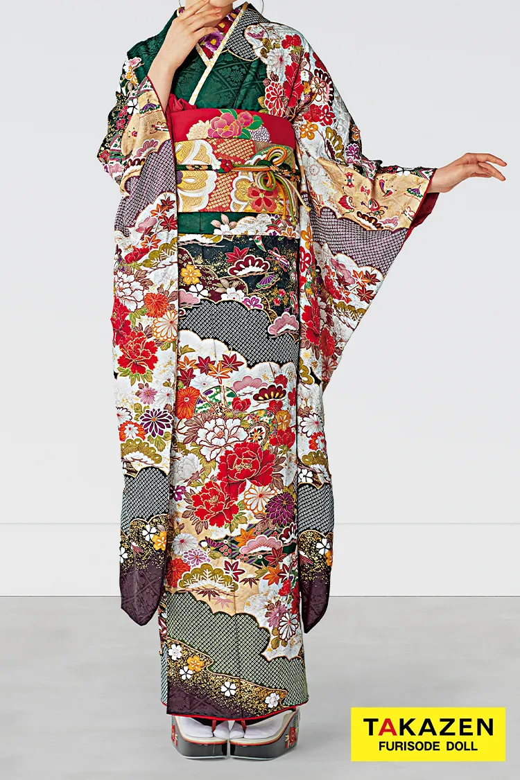 正統派古典　緑/赤　鼓/牡丹柄　柄小さめ　きれいめコーデ　清楚　唐絞り京友禅　25072