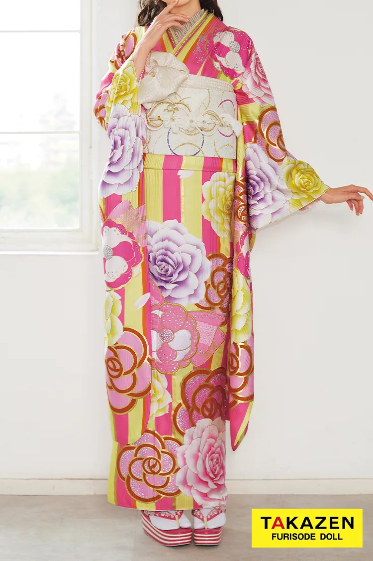 ヘップバーン　エレガント　ピンク/黄色　かわいいカメリア柄　お洒落な洋風振袖　ブーツコーデ　キラキラスワロフスキー付き　29004