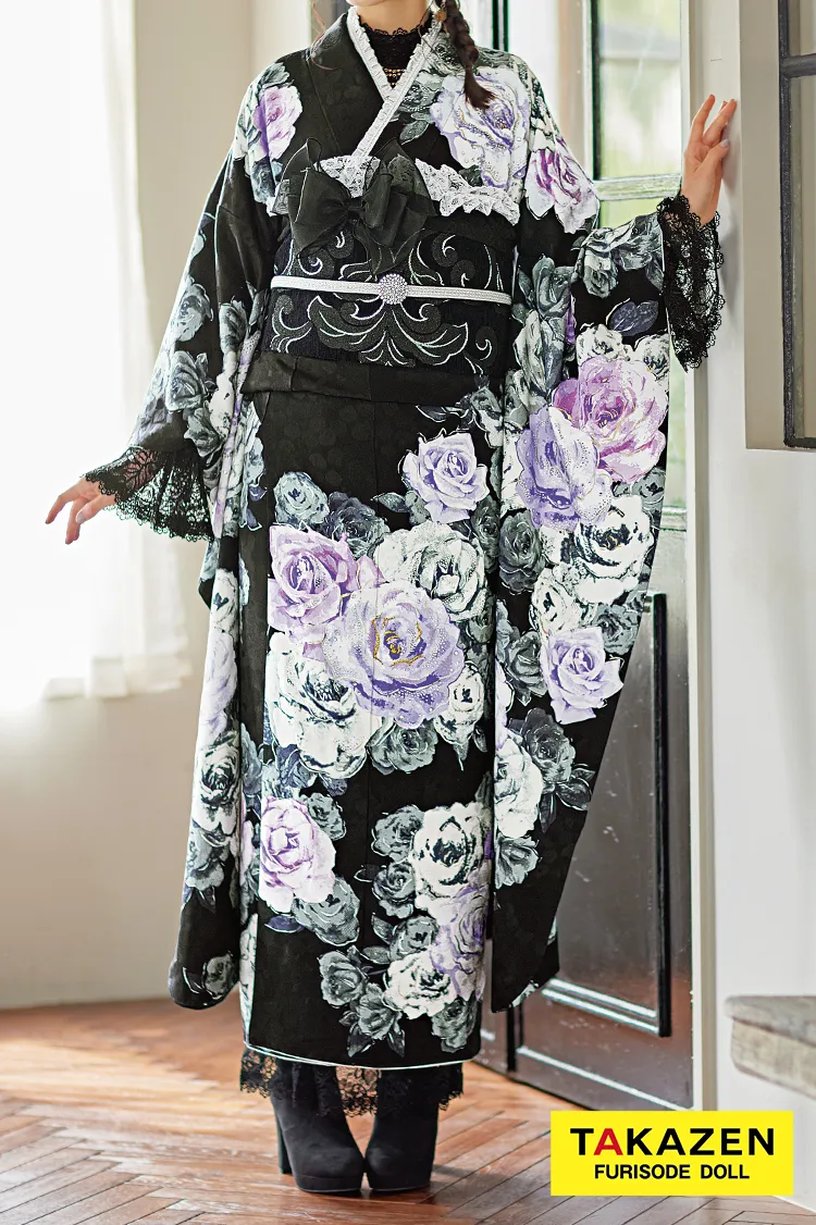 ヘップバーン　黒/紫　バラ柄　セレブ　お洒落な振袖　ブーツコーデ　スワロフスキー付き　アクセサリー　エレガント　洋風　 31002