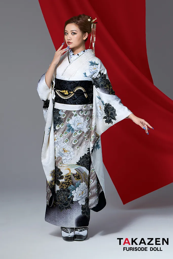 ジャパンモード　白/グレー　孔雀柄　シック　渋い　かっこいい振袖　粋　ギャル　大人っぽい　花魁風振袖ネットレンタル　中村りおん　32146