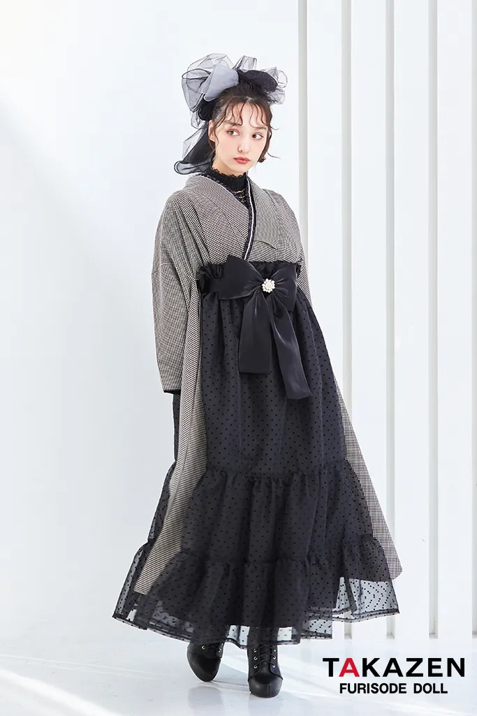 ヴィンテージスタイル袴　黒/グレー　千鳥柄　モノトーン　おしゃれ　アンティーク調　ガーリー　リボン付きドレス袴ネットレンタル　香川るな　LH7