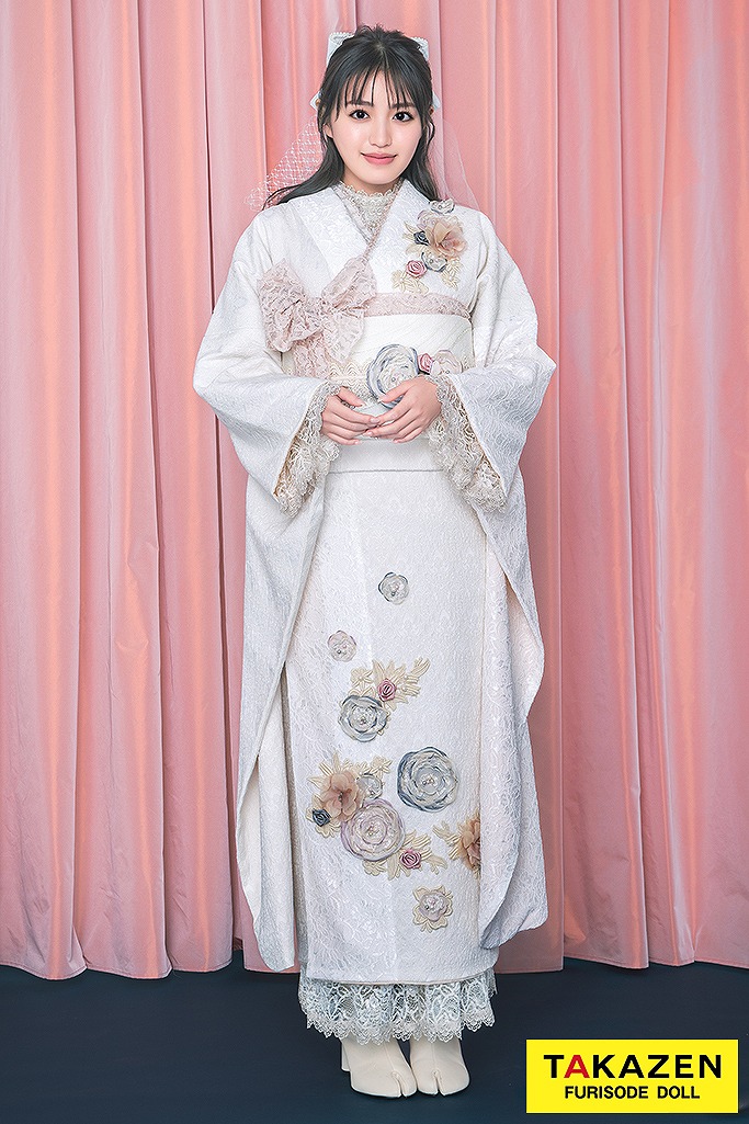 ヘップバーンミニョン　白　立体花　ジャガード生地/レース生地　フレンチガーリー　おしゃれ　レースインナー/ブーツコーデ　香音　誰ともらない振袖ネットレンタル　24010