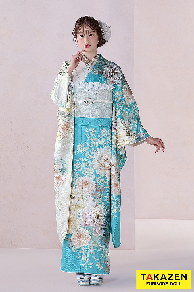 正統派古典　水色/白　牡丹柄/菊柄　かわいい　淡い色　今どき　方身代わり　爽やか　綺麗　葛西杏也菜　26020