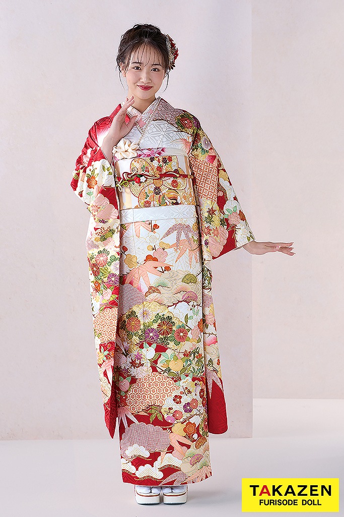 最高級古典柄振袖　吉澤織物/匠　赤/白　松柄/菊柄　清楚　伝統的　かわいい　本格的　品のある振袖　天翔愛　24043