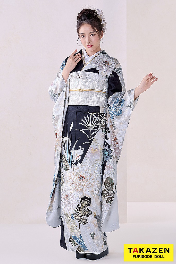正統派古典　紺/白　菊柄/百合柄　かっこいい　大人っぽい振袖　上品　天翔天音　26023