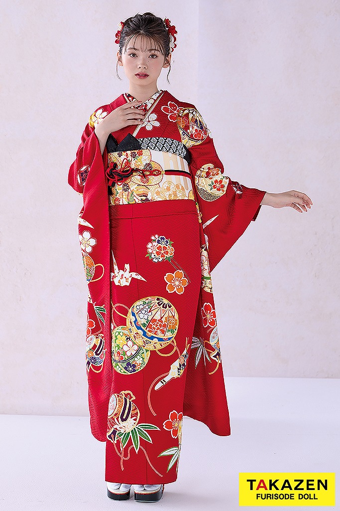 正統派古典　赤/ゴールド(金色) 　鞠柄/打出の小槌　 シンプル 　かわいい　金駒繍京友禅　 落ち着いた振袖振袖　南琴奈　32055