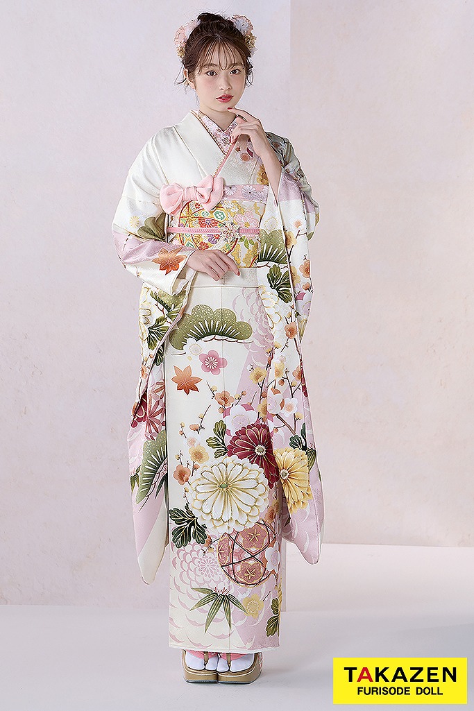 正統派古典　アイボリー/薄ピンク/くすみカラー　菊柄/大柄　かわいい振袖　はんなり　上品　葛西杏也菜　26077