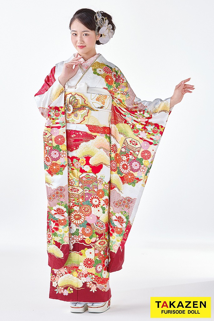 プレミアム古典　吉澤織物/最高級金彩手描友禅　白/赤　おしとやか　綺麗　人間国宝・吉田蓑助の世界　天翔愛　26026