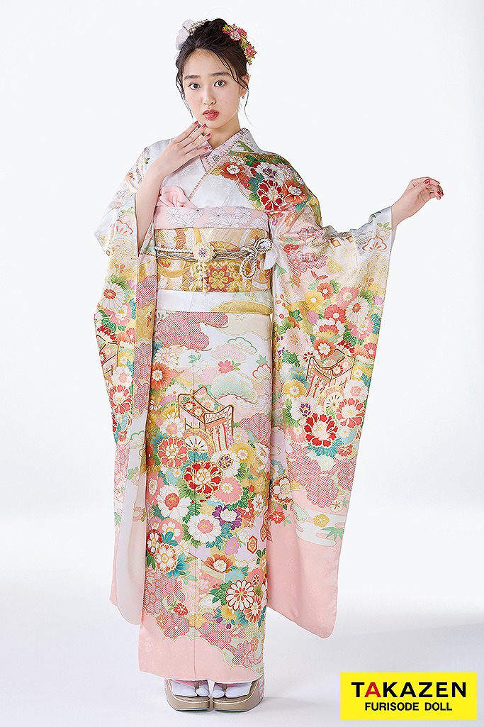 プレミアム古典　吉澤織物/最高級金彩手描友禅　白ピンク　かわいい　吉祥の晴れ着　田中優子の世界　藤岡舞衣　26027